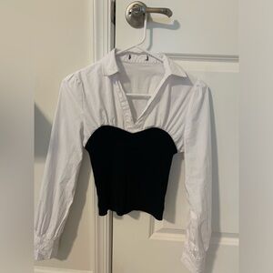 Lulus Black and White Ribbed Collared Long Sleeve Top size XS/S
